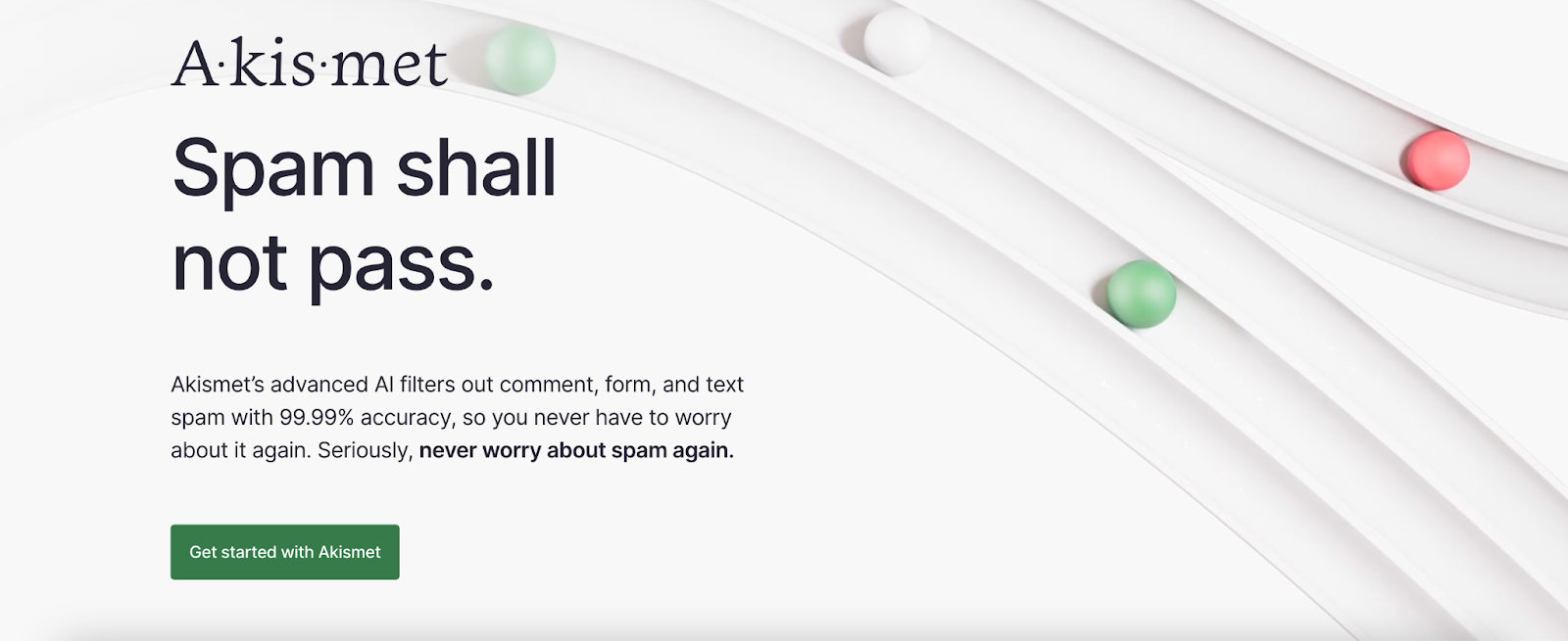 Akismet homepage with the text "spam shall not pass"