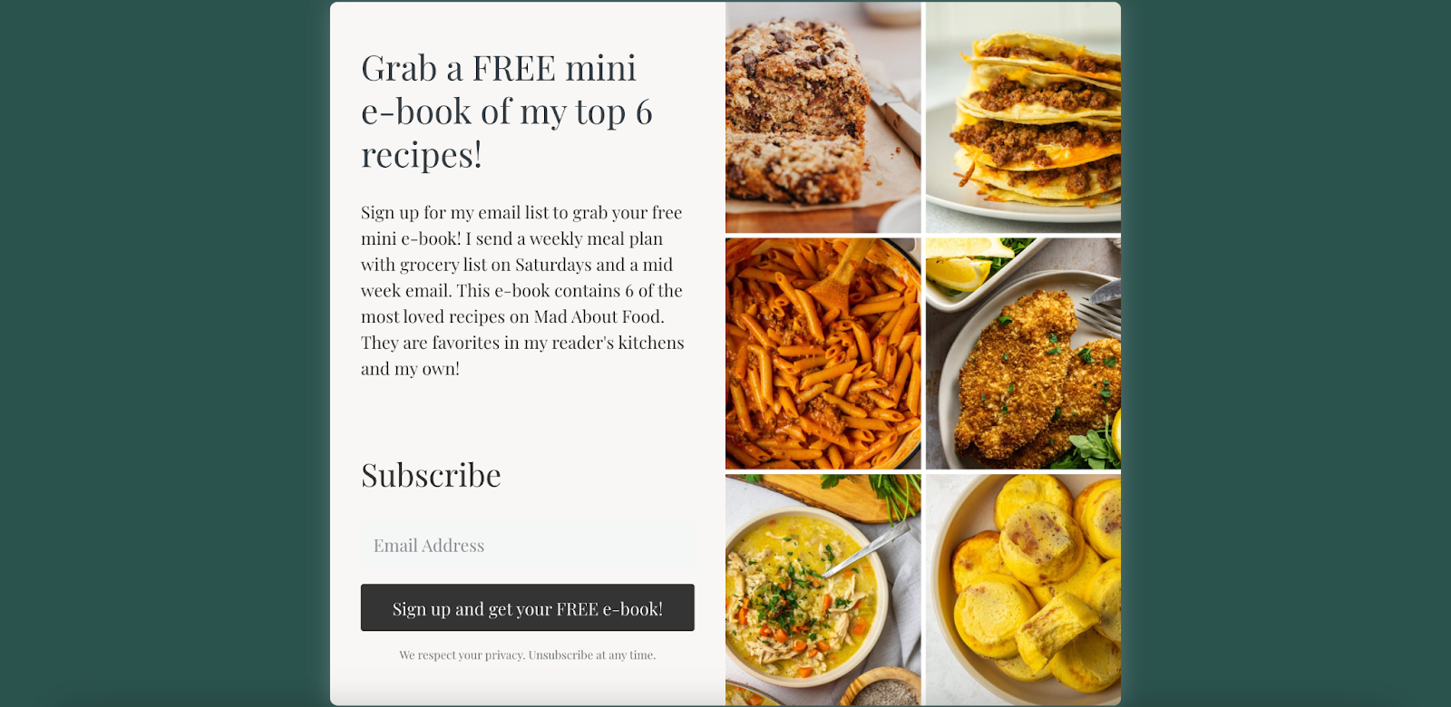 email capture with a receipe ebook exchange