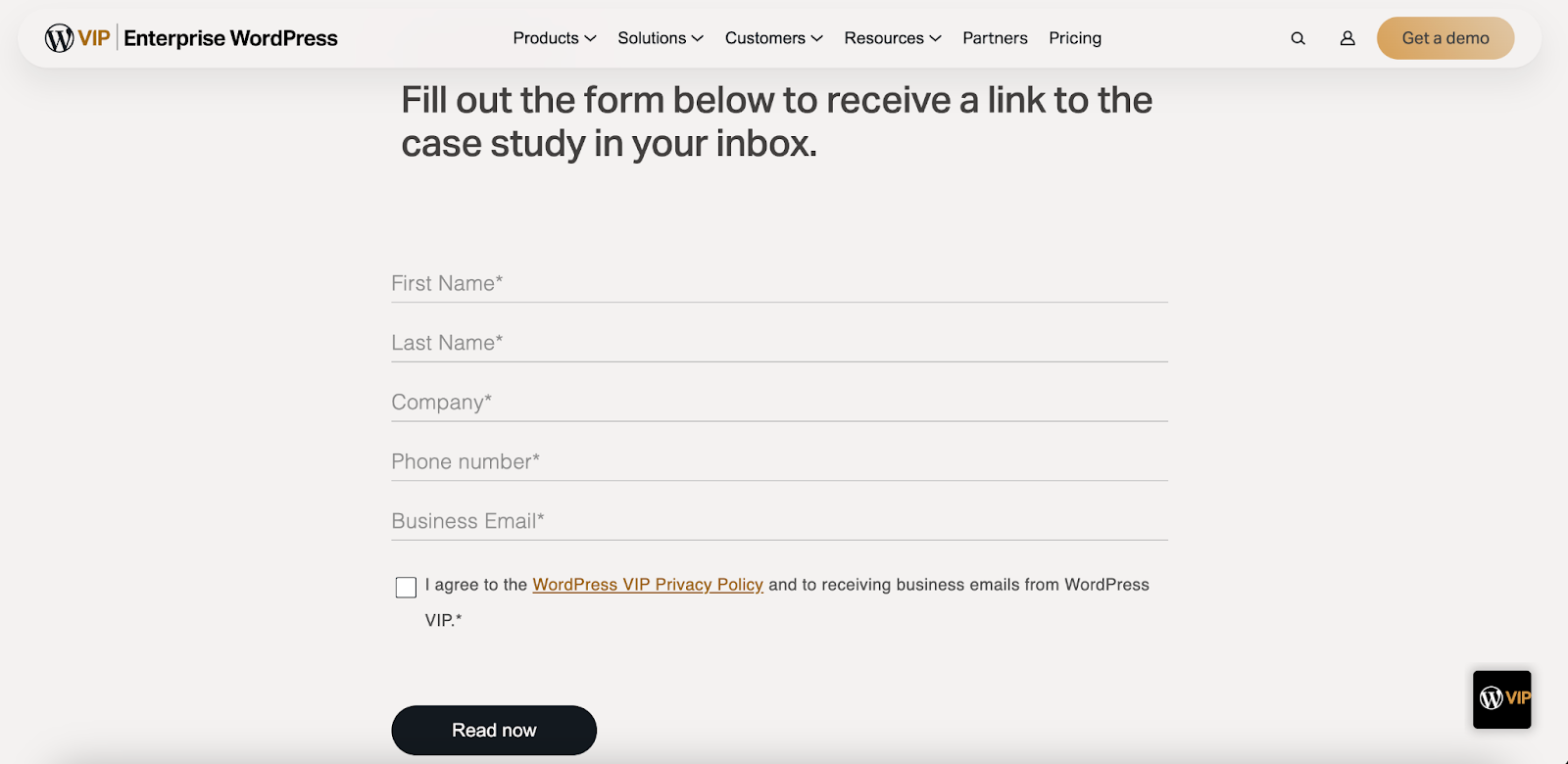 form on the WordPress VIP site showing an example of a lead capture